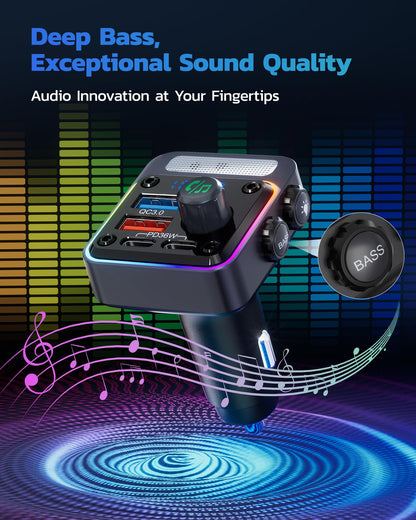 Nulaxy 54W Bluetooth 5.3 Car Adapter with 4 Charging Ports [PD 36W & QC3.0 18W], Wireless Radio FM Transmitter with Deep Bass Player & 5 Colors LED Backlit, Hands-Free Calling, Black