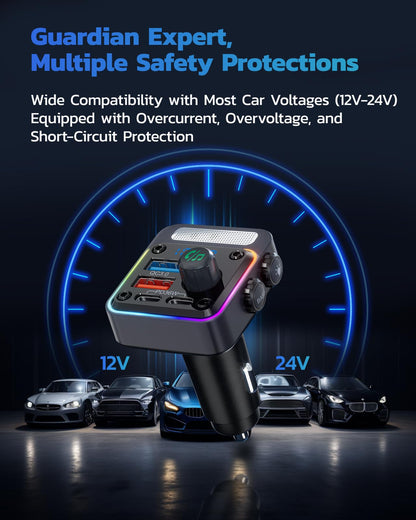 Nulaxy 54W Bluetooth 5.3 Car Adapter with 4 Charging Ports [PD 36W & QC3.0 18W], Wireless Radio FM Transmitter with Deep Bass Player & 5 Colors LED Backlit, Hands-Free Calling, Black