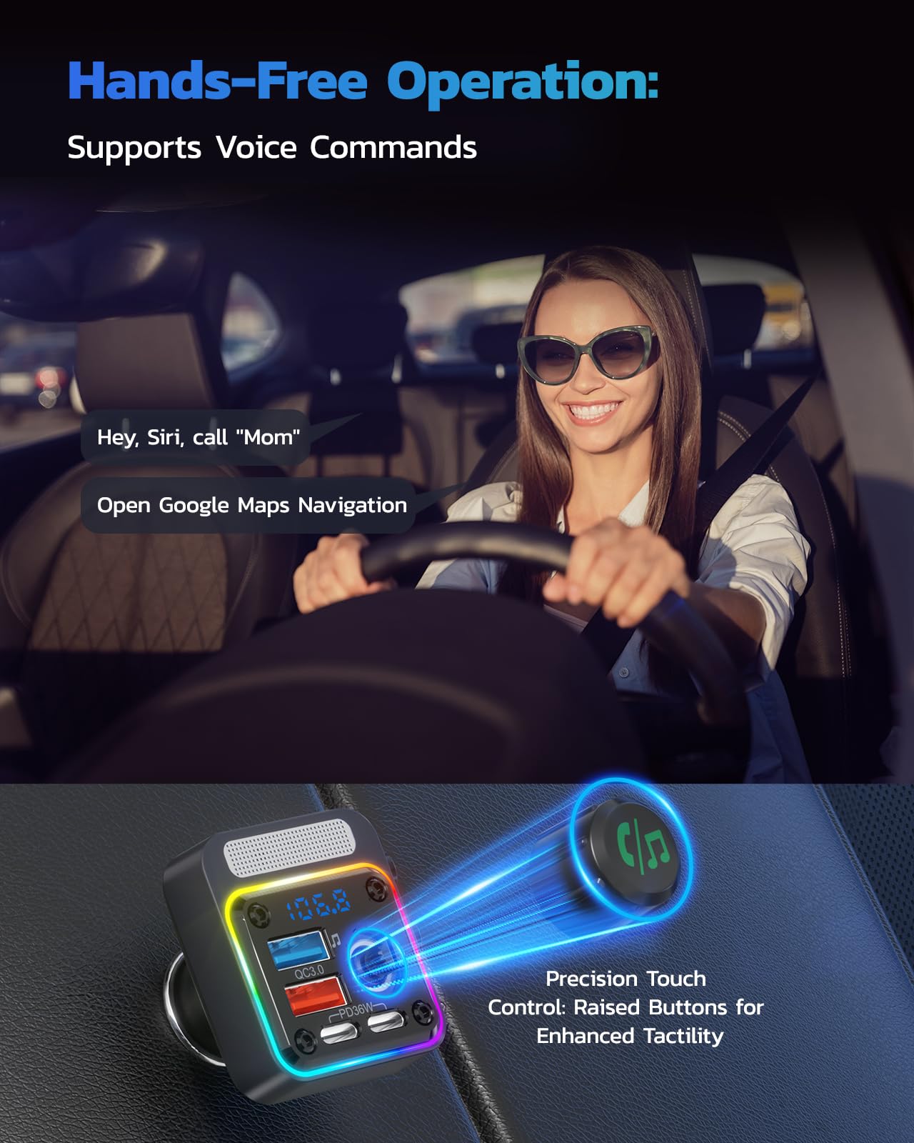 Nulaxy 54W Bluetooth 5.3 Car Adapter with 4 Charging Ports [PD 36W & QC3.0 18W], Wireless Radio FM Transmitter with Deep Bass Player & 5 Colors LED Backlit, Hands-Free Calling, Black